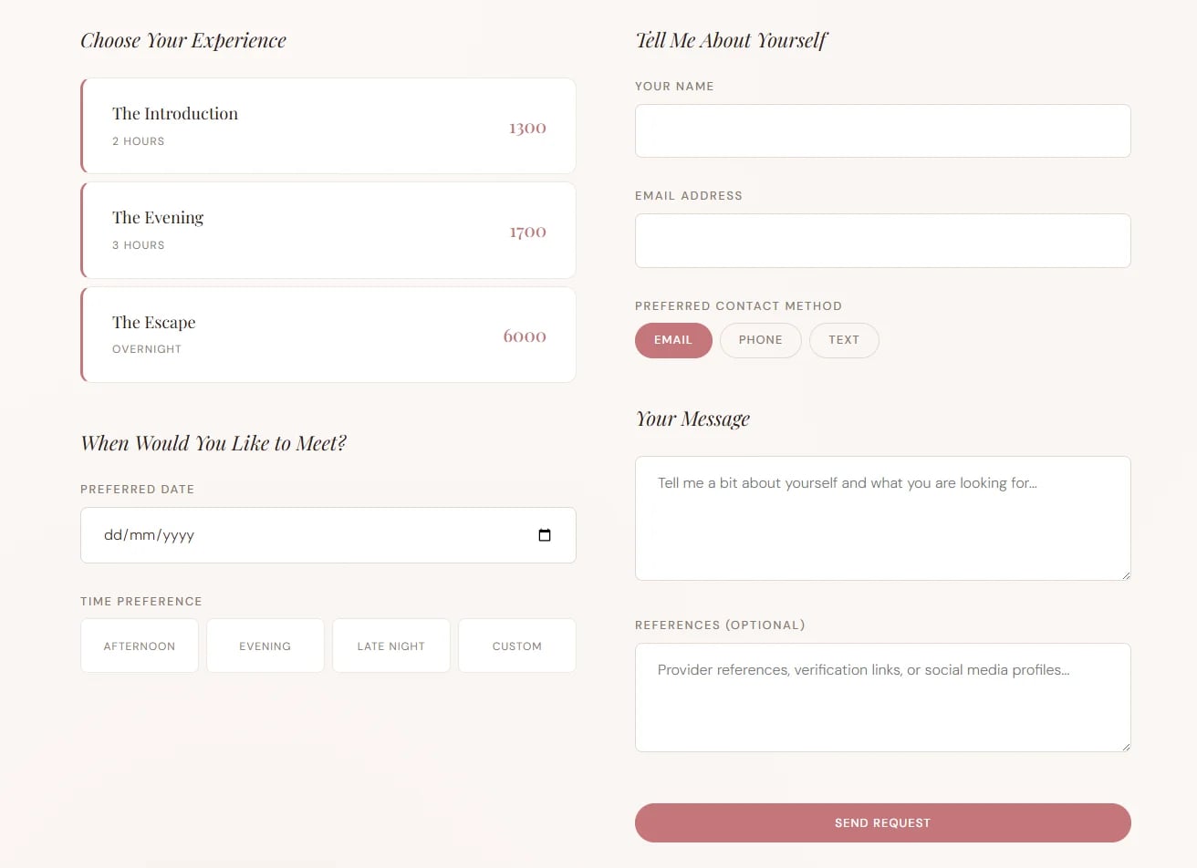 BlushTheme Rosé — built-in booking form for escort websites