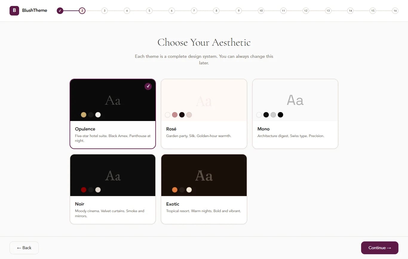 BlushTheme setup wizard — choose your escort website aesthetic