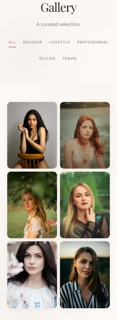 BlushTheme Rosé — mobile gallery page for escort websites