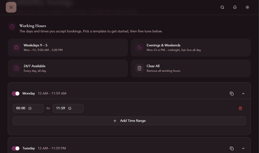 Availability settings — set your working hours, blocked dates, and buffer time