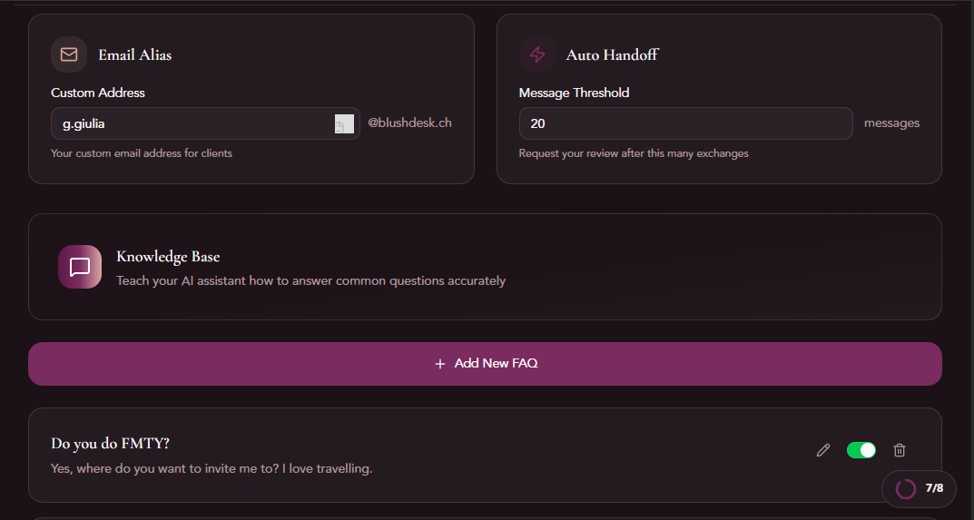 The Concierge settings page — email alias, personality, and FAQ all in one place