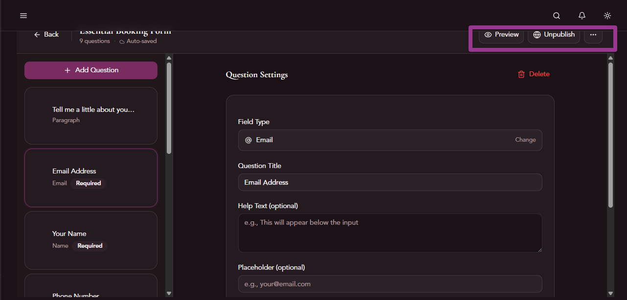 How to find your form settings — click the three-dot menu on your form card