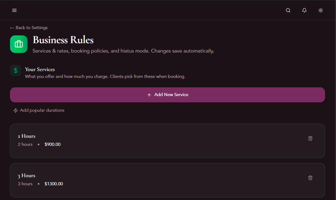 Session types — define your services, durations, and rates