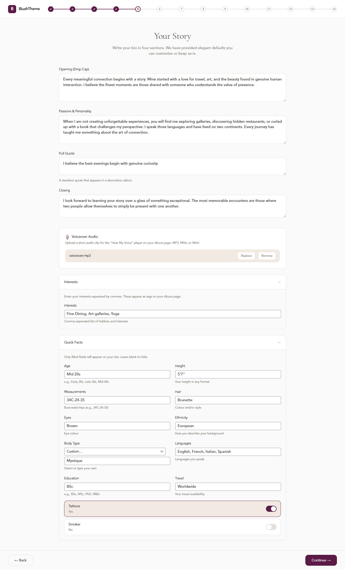 About page setup — bio, stats, and optional voice recording