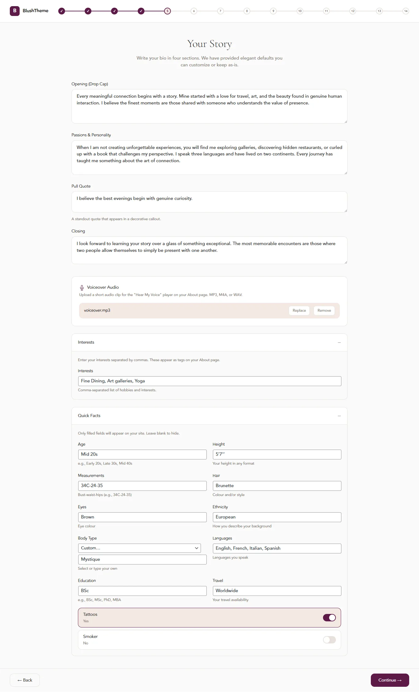 About page setup — bio, stats, and optional voice recording