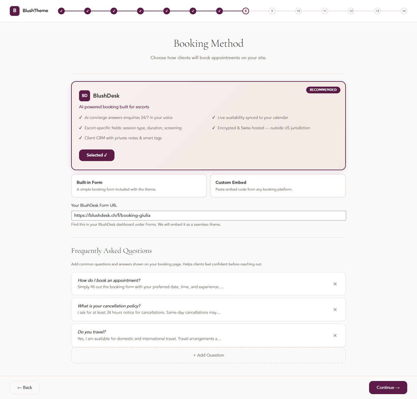 Booking page setup — connect your BlushDesk form