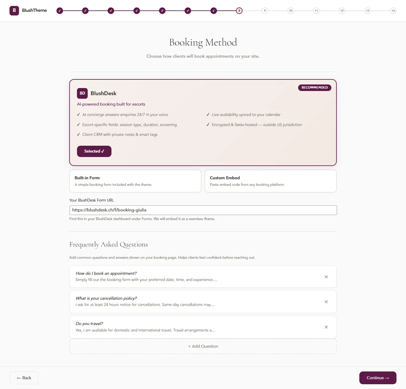 Booking page setup — connect your BlushDesk form