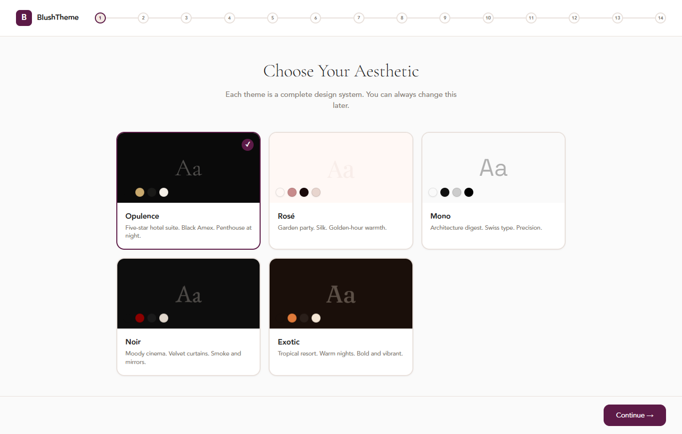 The five BlushTheme aesthetics — pick the one that matches your brand