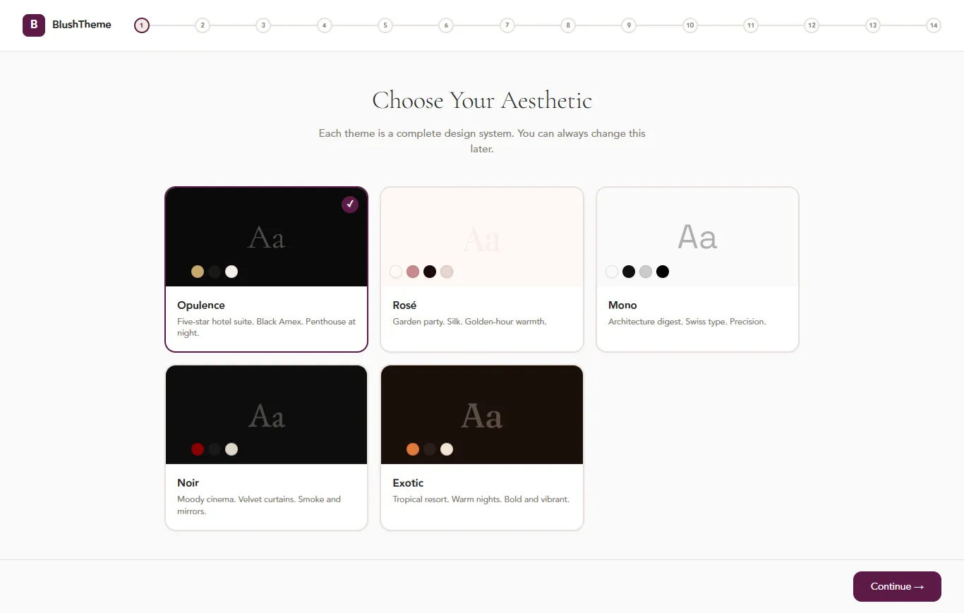 The five BlushTheme aesthetics — pick the one that matches your brand