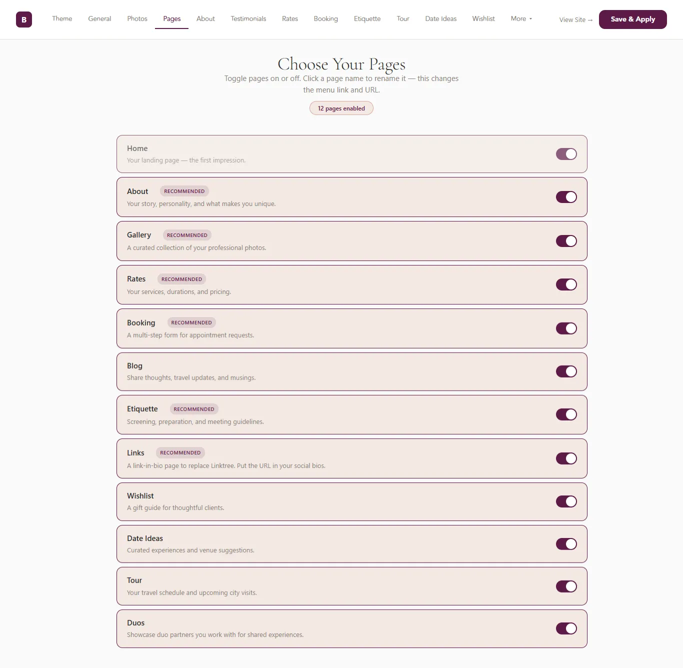 Choose which pages to include — toggle them on or off