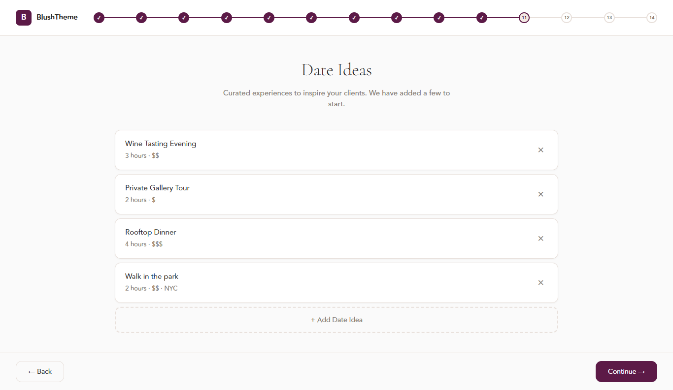 Date Ideas setup — curate experiences that inspire clients