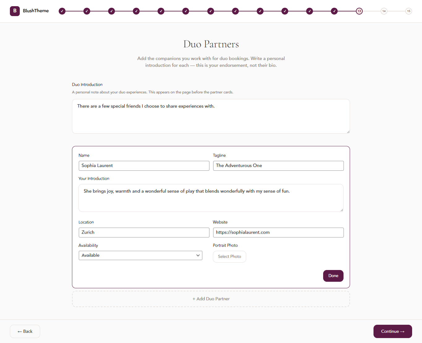 Duos page setup — showcase escorts you collaborate with