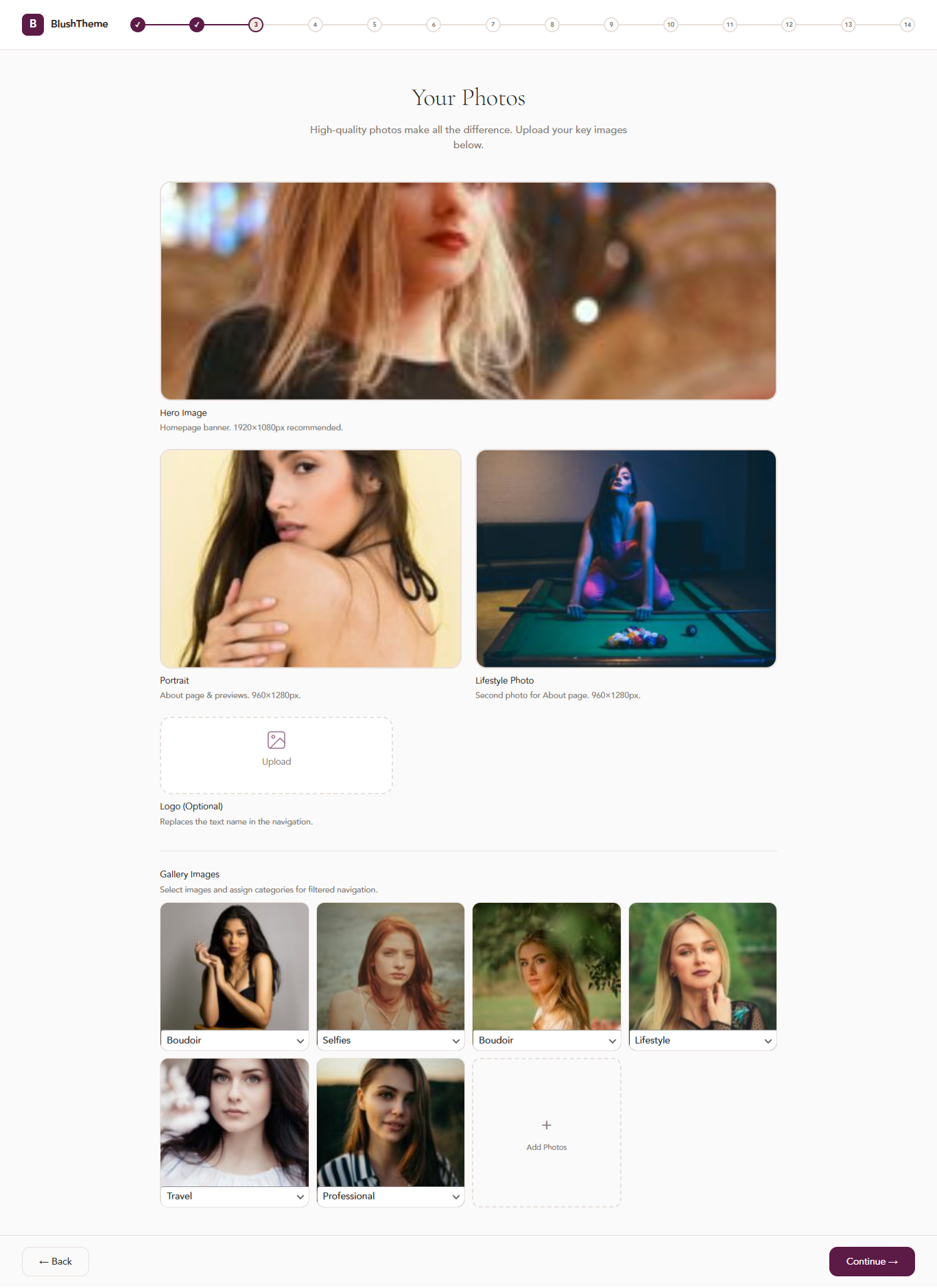 Gallery setup — upload images, BlushTheme handles the rest