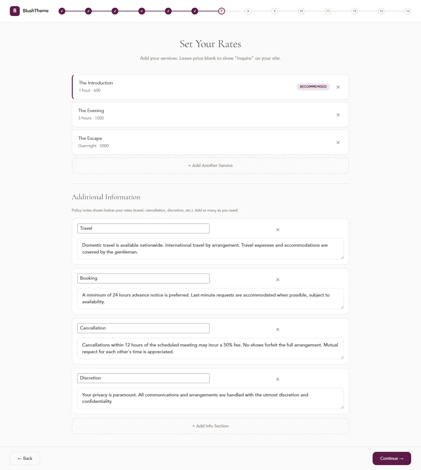 Rates setup — just type your durations and pricing