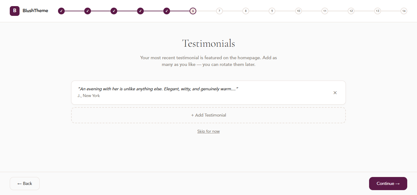 Testimonials setup — add client reviews