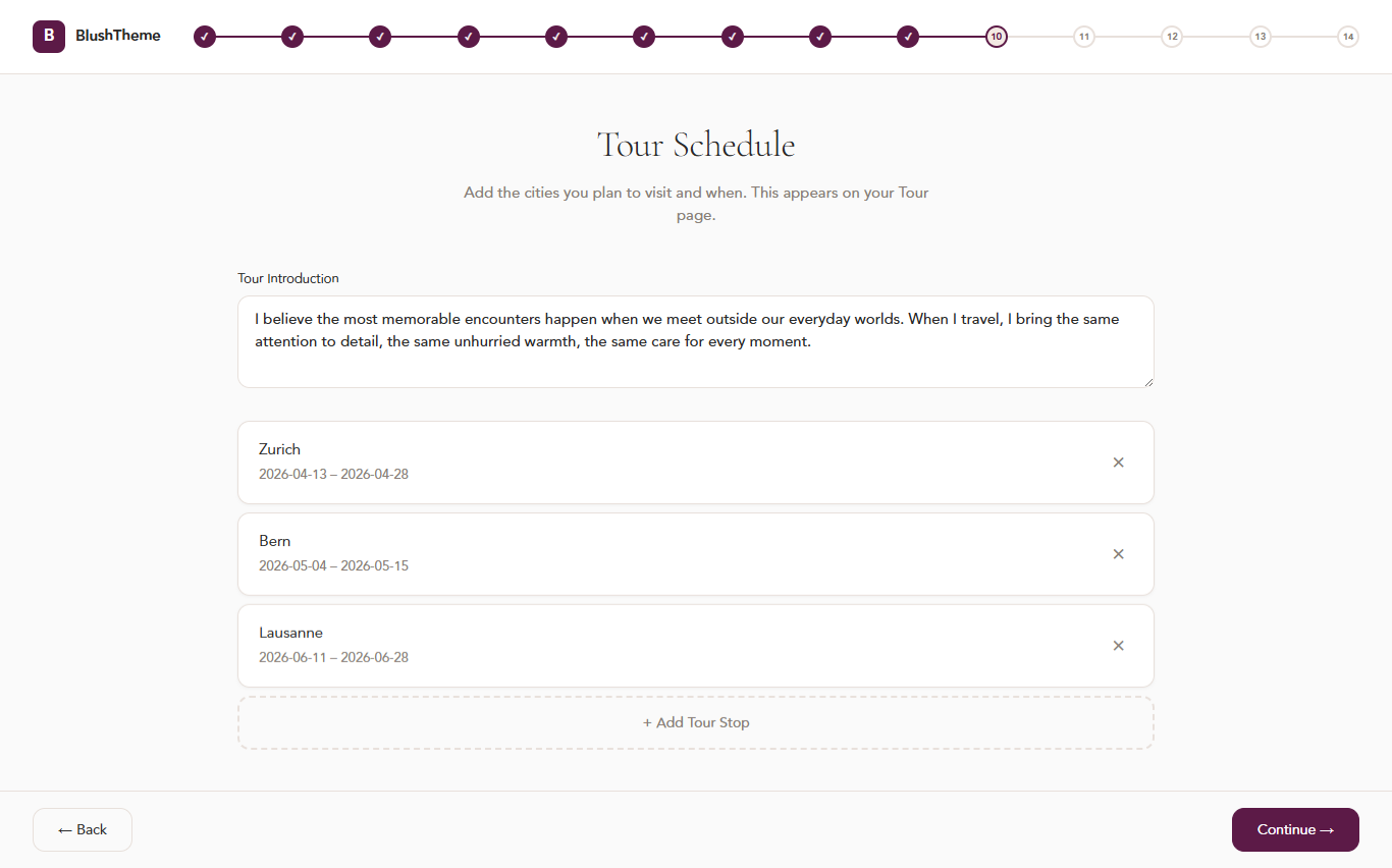 Tour page setup — add your travel dates and cities