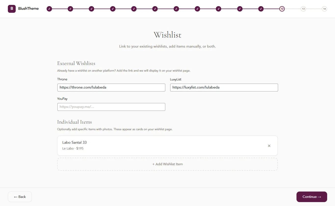 Wishlist setup — link externally or add items directly